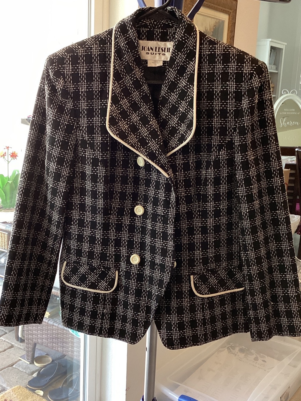Joan Leslie Black & White Plaid Piped Blazer